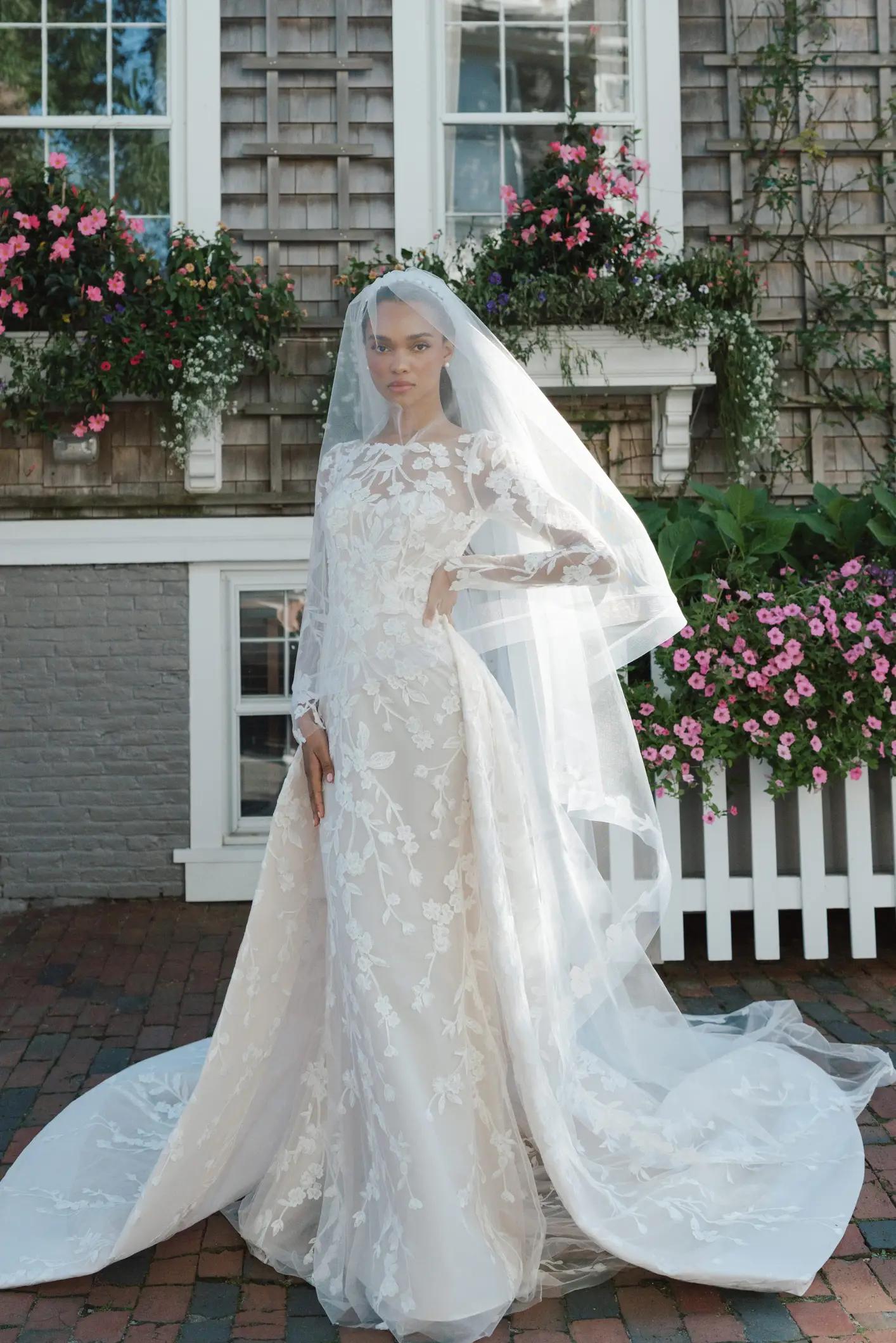 Stunning Millie wedding dress by Anne Barge Blue Willow with floral detail high neck sleeves and detachable train