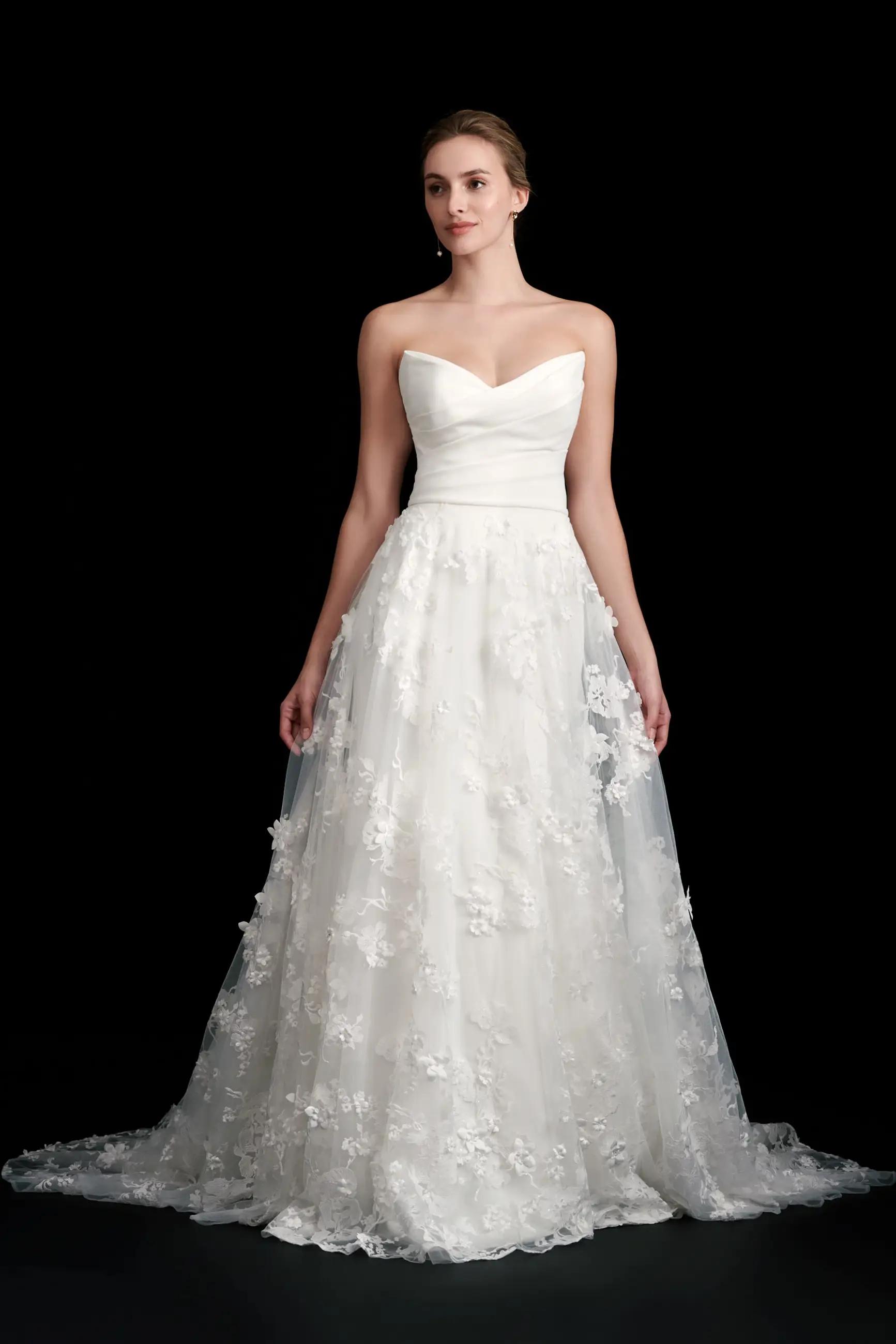 Crepe wedding dress with lace and tulle overskirt by Kelly Faetanini style Etta in Columbus, Ohio