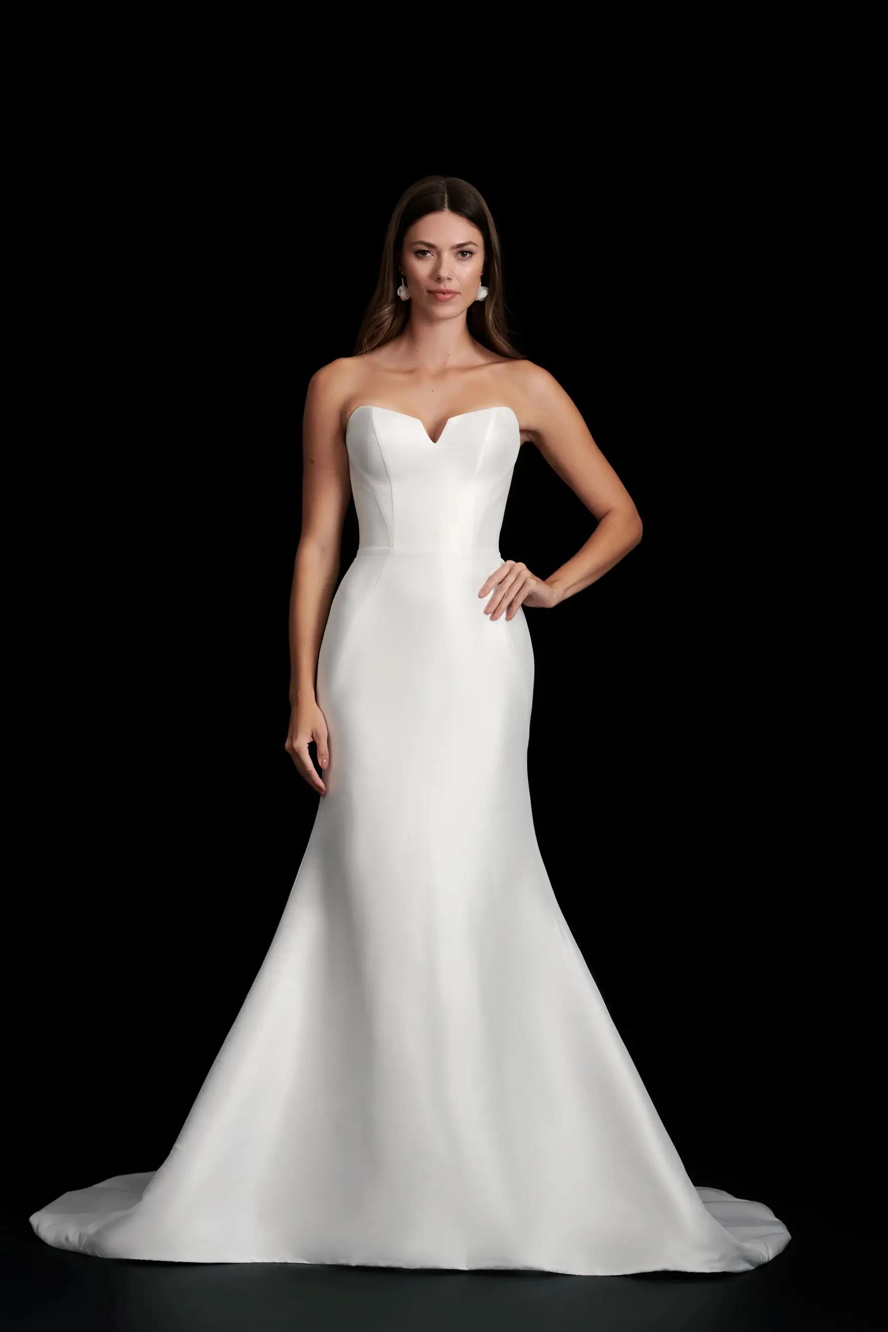 Margaret wedding dress with notch neckline strapless bodice and fit to flare skirt in stretch mikado