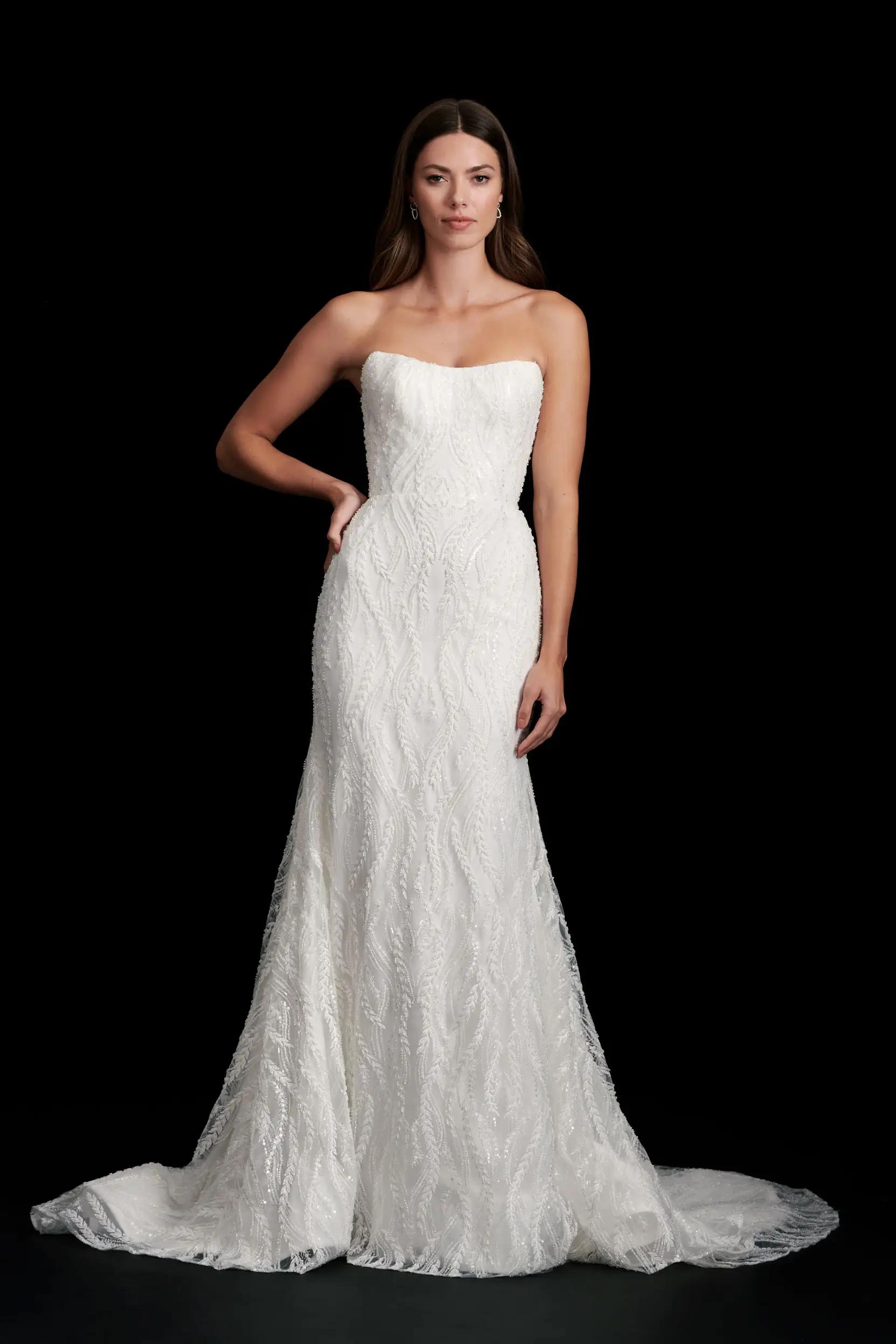 Eugenie beaded wedding dress with soft scoop neckline and fitted skirt by Kelly Faetanini