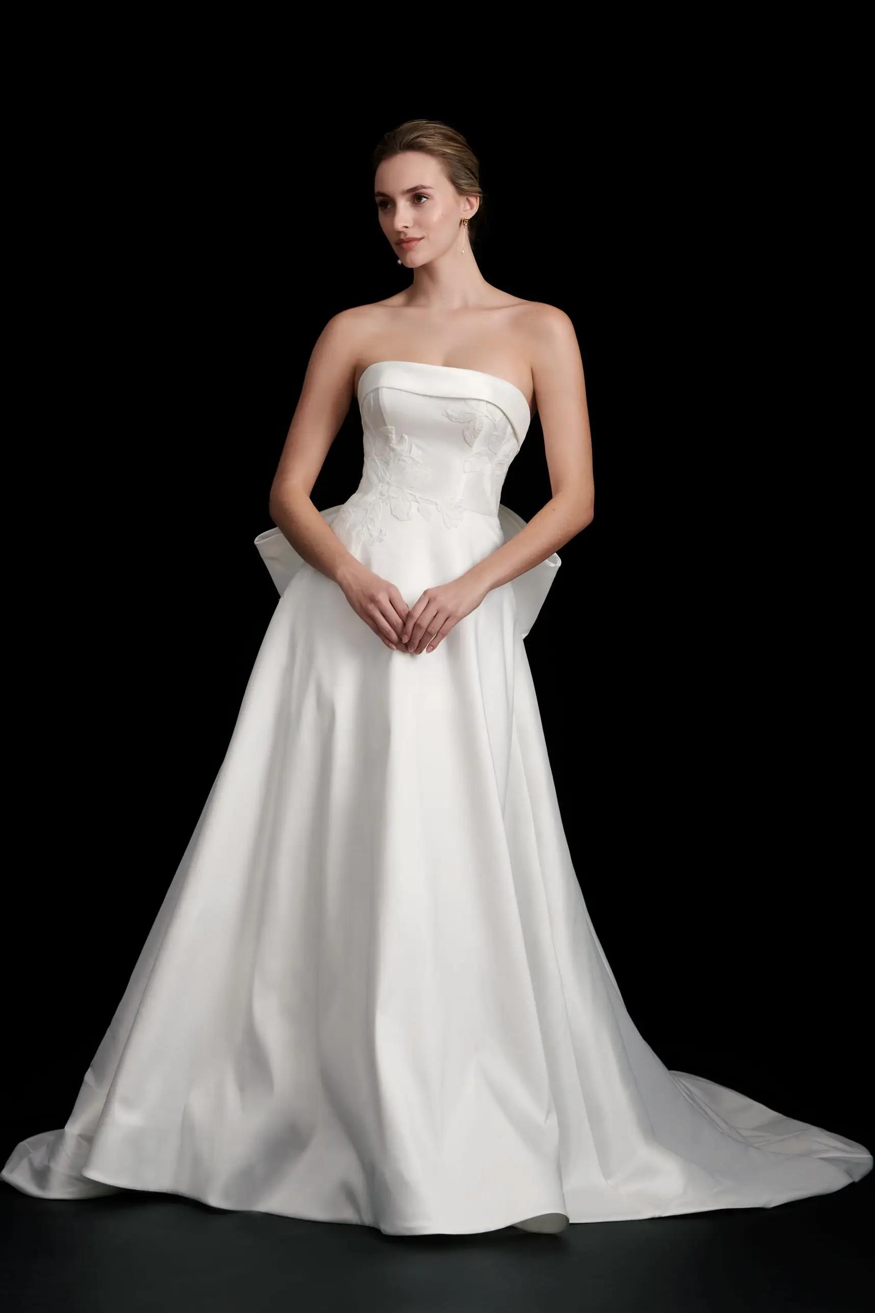 Constance wedding dress with strapless lace bodice and mikado a line skirt with bow detail on the back in Columbus, Ohio