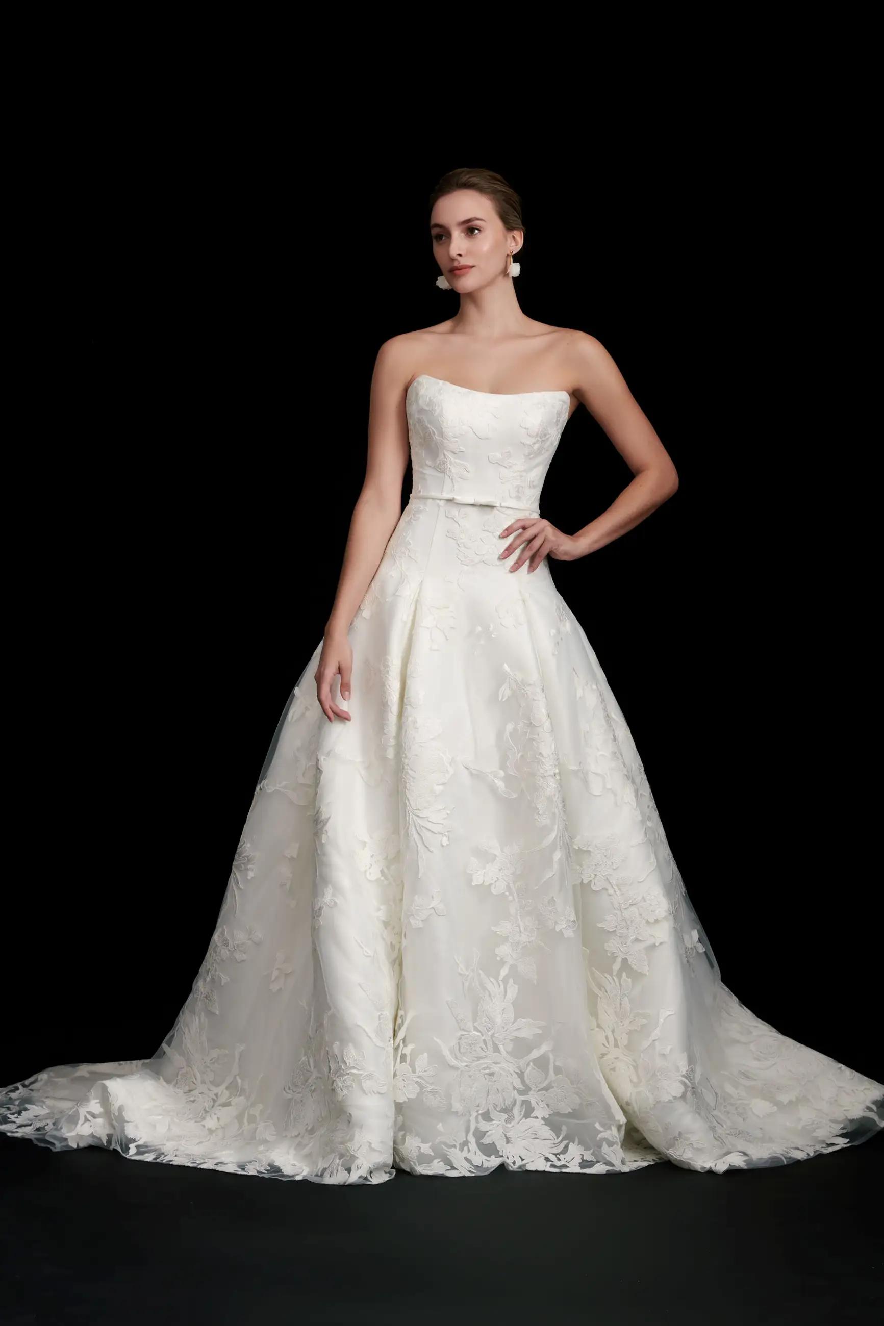 Greer wedding dress by Kelly Faetanin with strapless neckline and drop waist, lace Mikado skirt