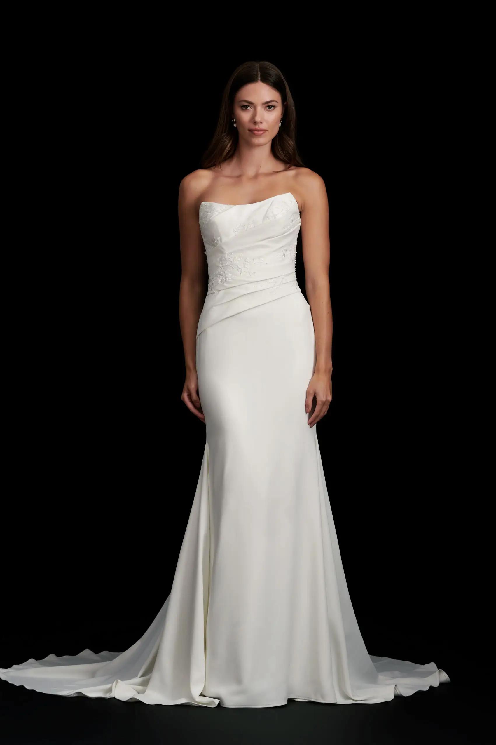 Claude wedding dress style like Lexington in crepe by Kelly Faetanini in Columbus, Ohio with draped and lace detail on bodice