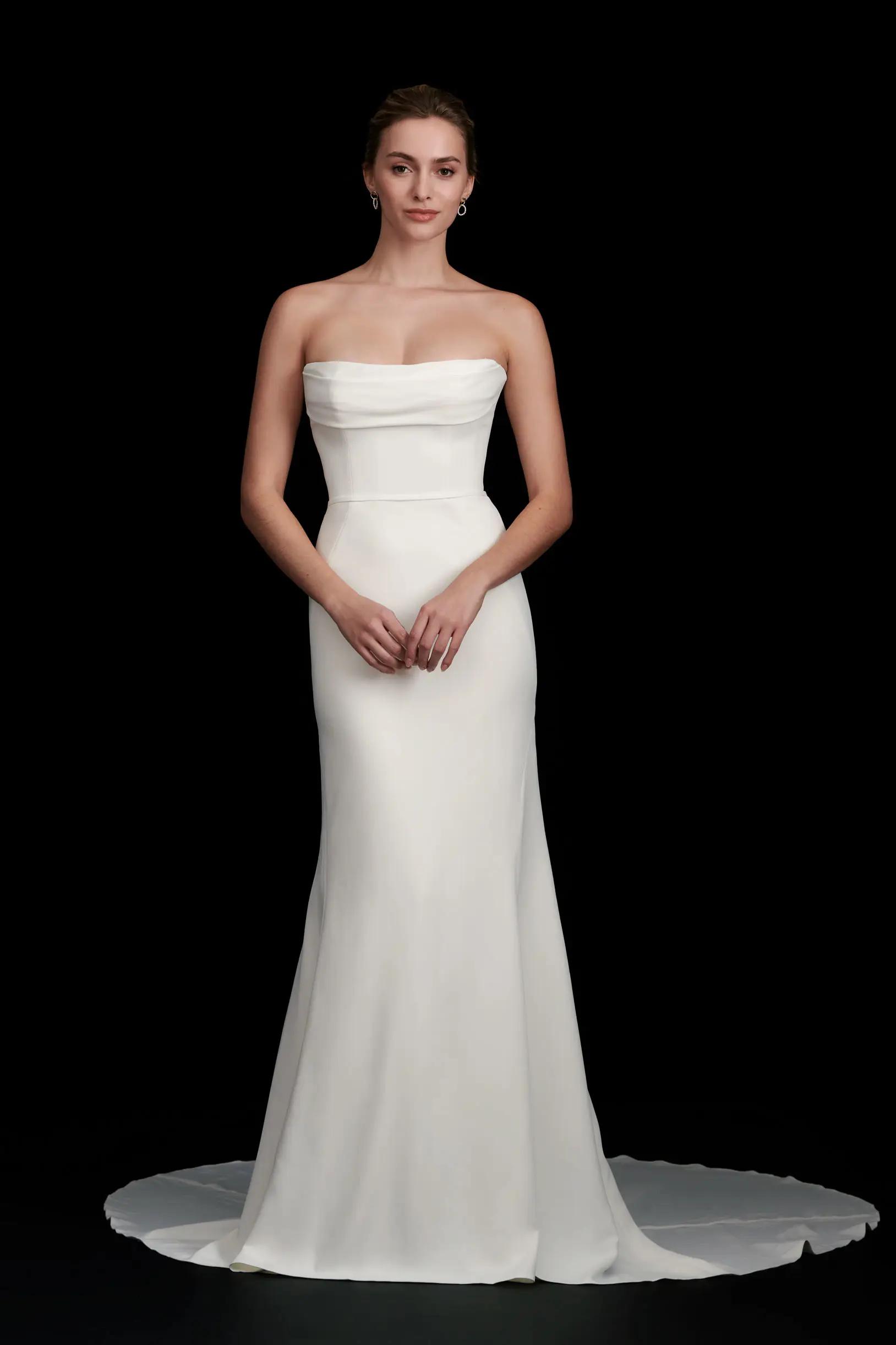 Charlene wedding dress in Columbus, Ohio by Kelly Faetanini with pleated strapless bodice in crepe with fit to flare skirt