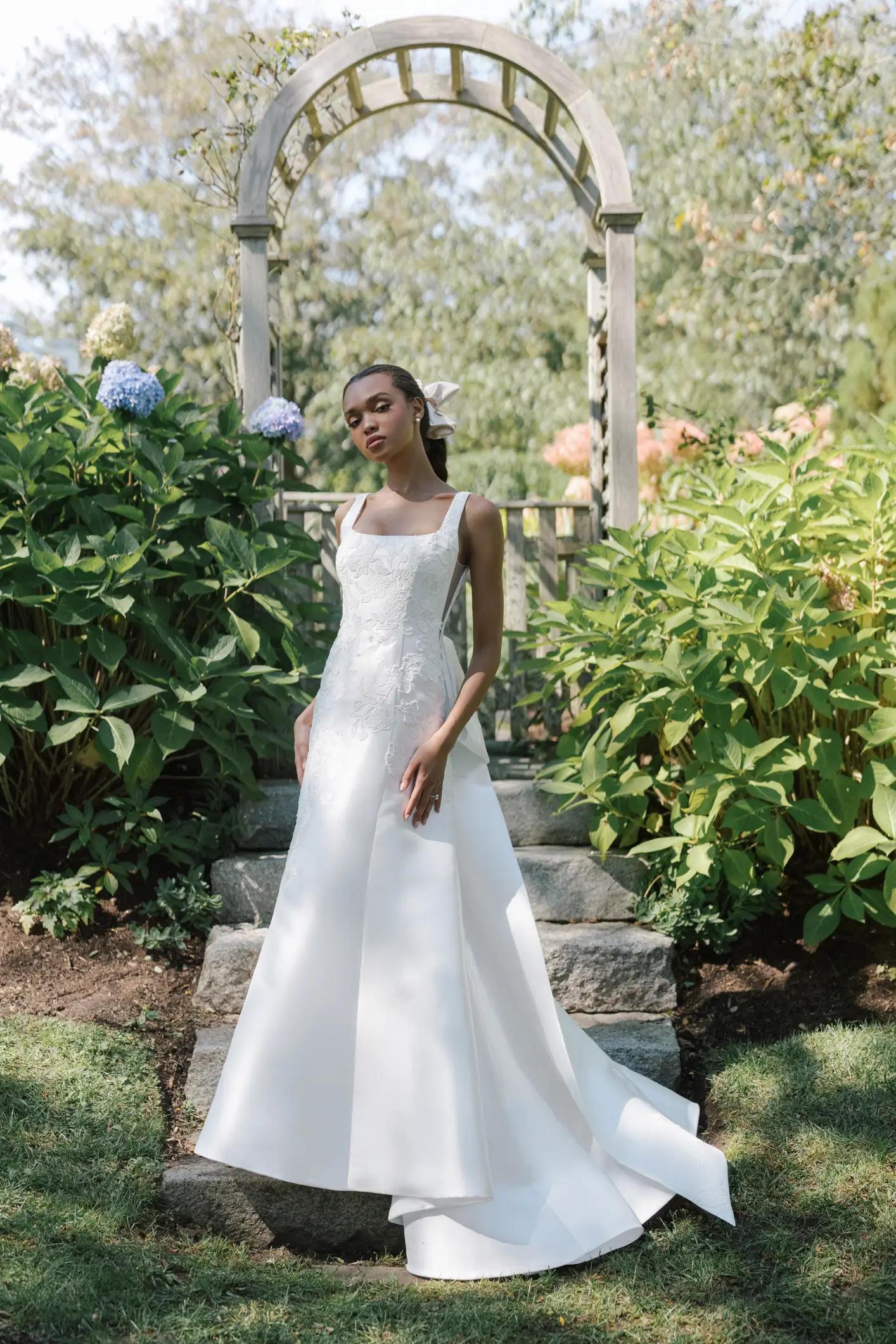 Sayle bridal gown by Anne Barge with floral detail on mikado bodice with square neckline and fitted silhouette in Columbus, Ohio