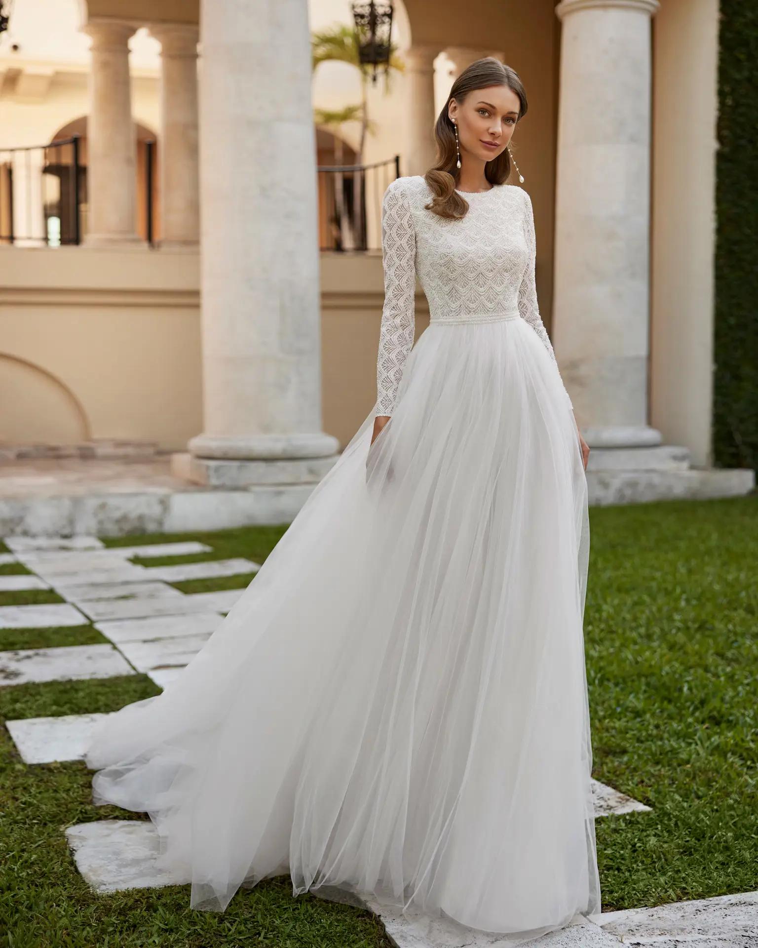 Erma wedding dress by Rosa Clara with long beaded lace sleeves high neckline and open back, large ballgown tulle skirt