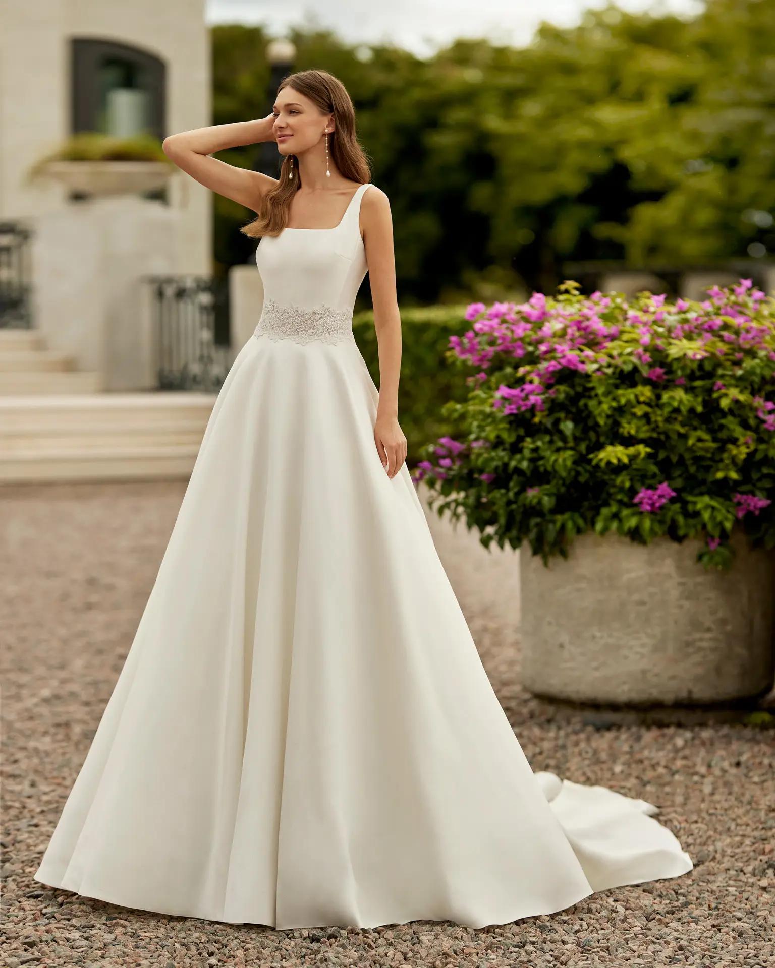 Square neckline wedding dress with detailed waistline and ballgown skirt by Rosa Clara style Eva