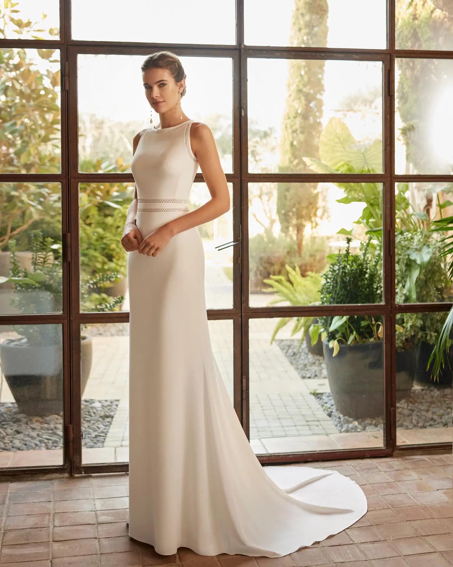 Danesa wedding dress with high neck and sleeveless bodice and fitted skirt by Rosa Clara in Columbus, Ohio