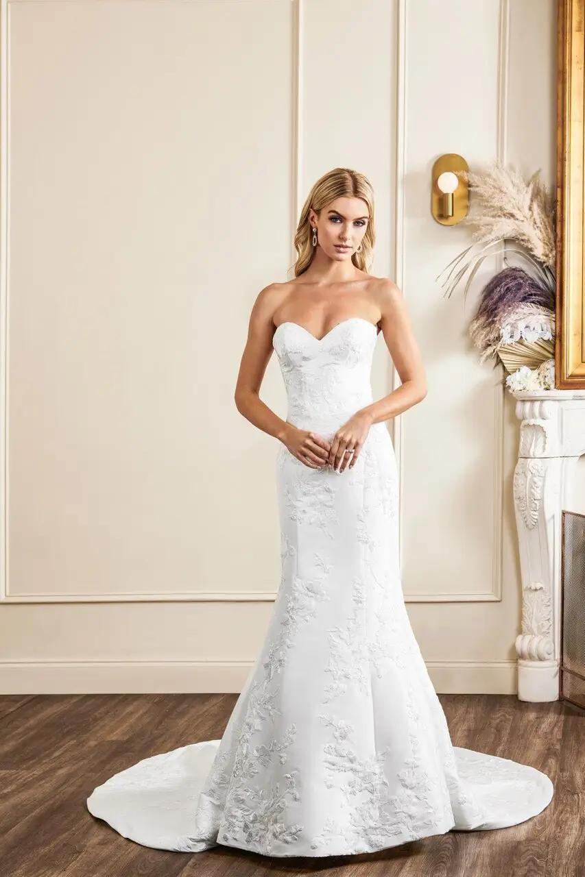 Carroll wedding dress with embroidered fit to flare mikado silhouette and sweetheart neckline in Columbus, Ohio