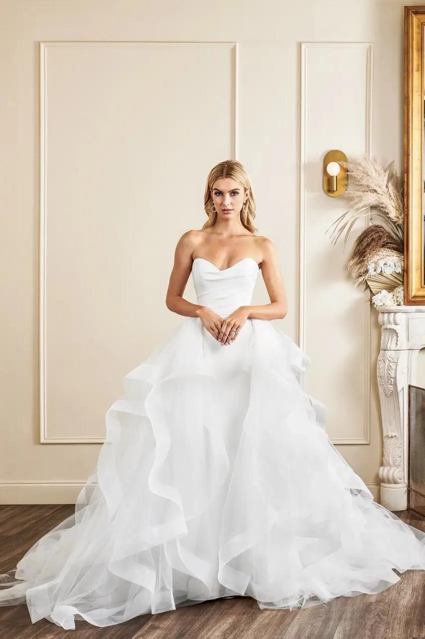 Chelsea wedding dress with crepe simple dress with layered cascading tulle overskirt in Columbus, Ohio