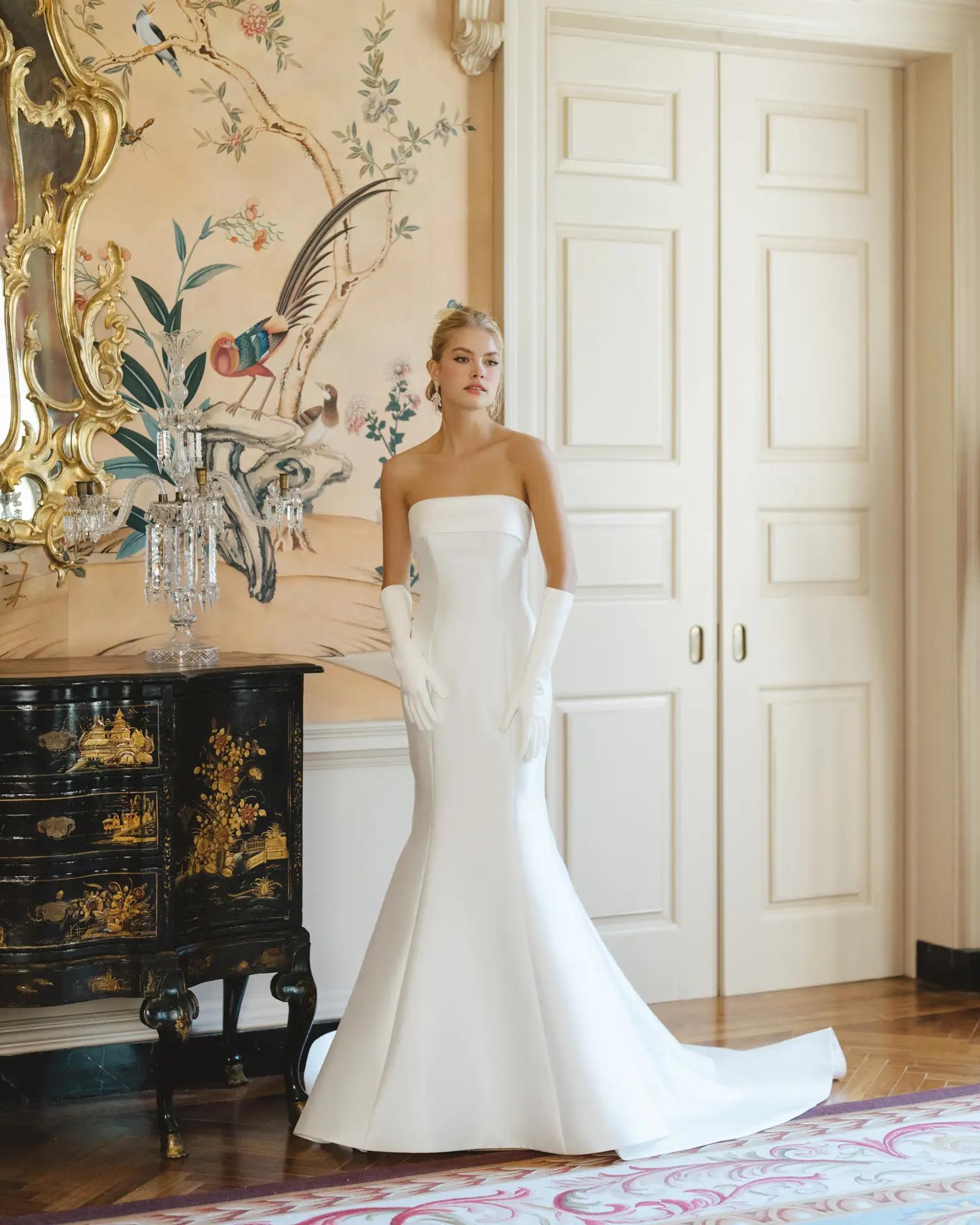Piedmont wedding dress with straight neckline cuff detail and fitted silhouette by Anne Barge in mikado in Columbus, Ohio